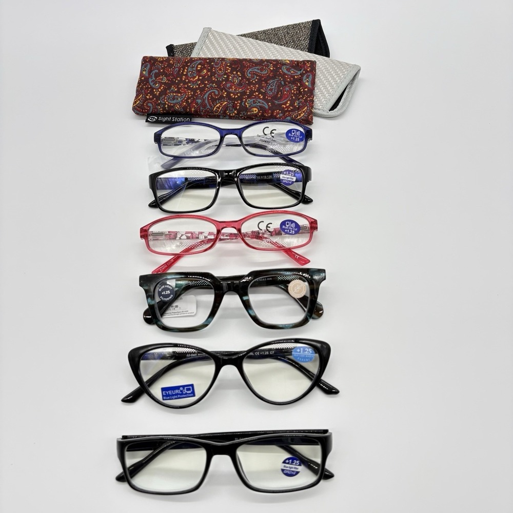 6 Reading Glasses 1.25 New Various Colors & Styles Blue Light Protection/Ray Cut